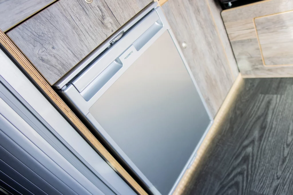 mini fridge in campervan