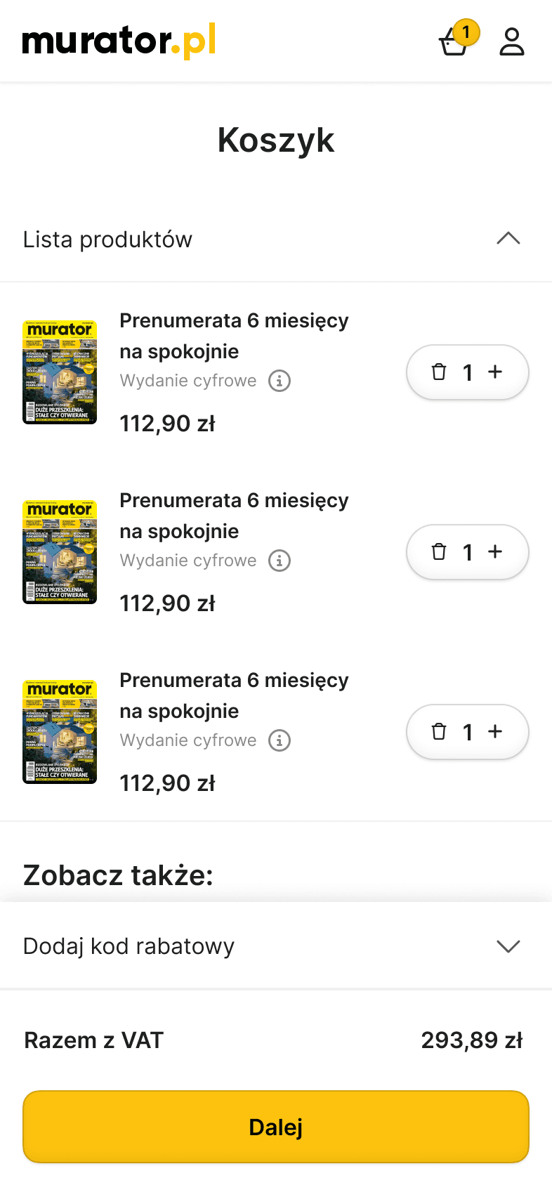 Cart - Mobile responsive view of the product list.