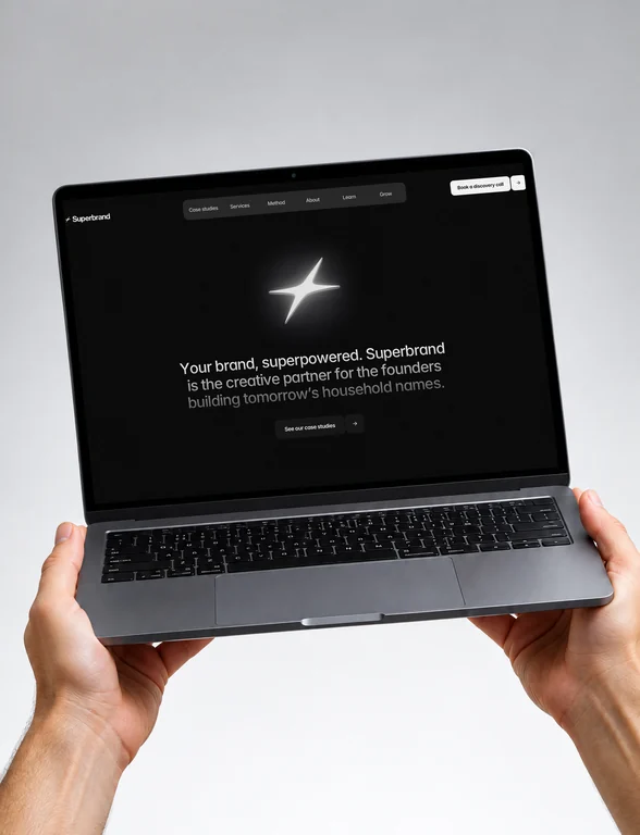 Two hands holding up a laptop showing Superbrand’s home page, the spark on black.