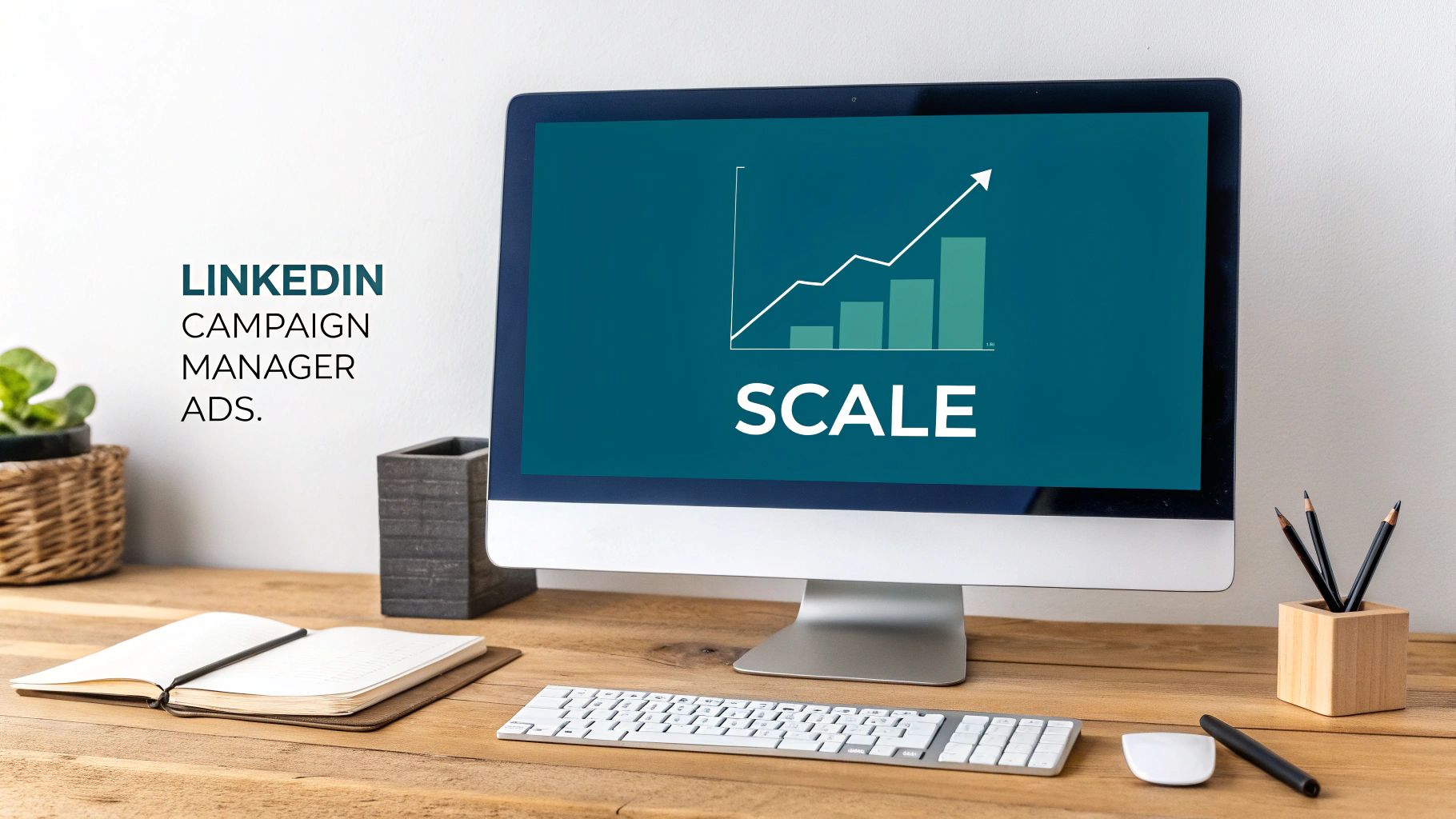 A modern desk setup with a computer displaying a 'SCALE' graph and 'LINKEDIN CAMPAIGN MANAGER ADS' text.