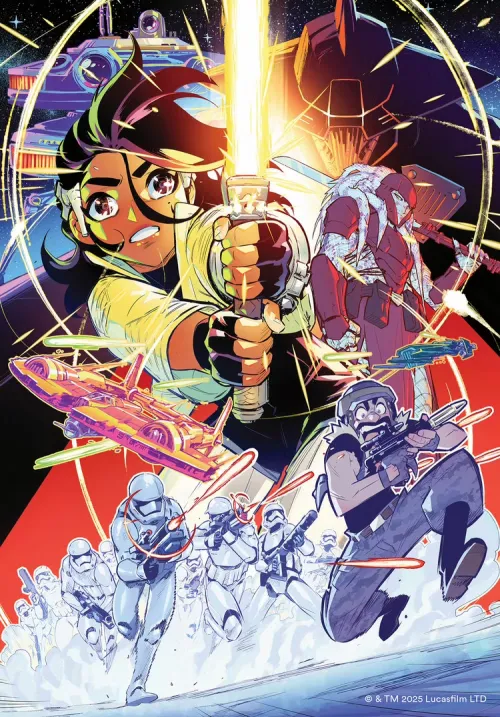 Star Wars: Path of the Lightsaber cover image showing Nioka wielding a yellow lightsaber with stomtroopers chasing a soldier below her