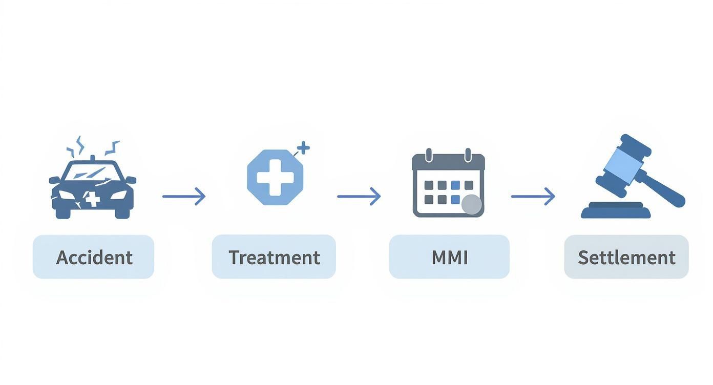 Infographic showing the process flow of a personal injury settlement, from the accident to treatment, reaching maximum medical improvement, and finally, the settlement.