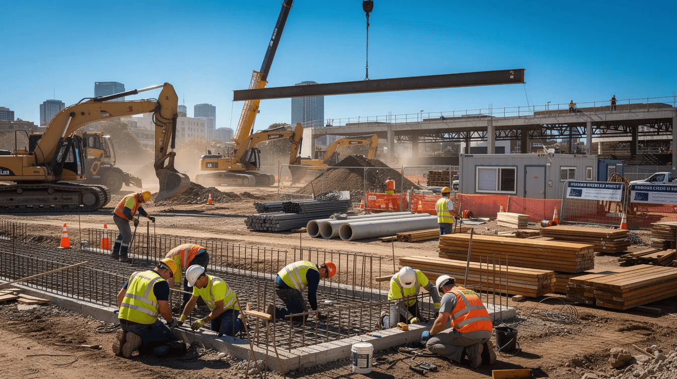 The image depicts a bustling Australian construction site under a clear blue sky, where multiple workers are engaged in various tasks alongside heavy machinery, illustrating the dynamic environment of business operations and growth potential in the construction industry. This scene highlights the importance of teamwork and effective business processes for achieving long-term success and sustainable growth.