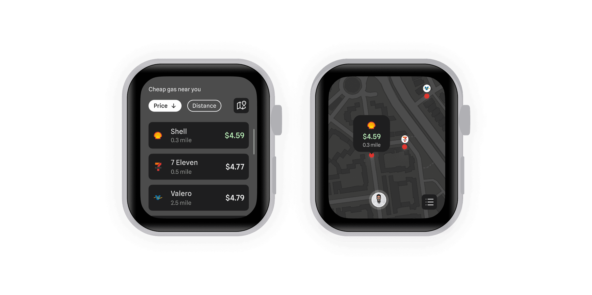 Smartwatch mockup showcasing ui of list view and map view of nearby gas stations.