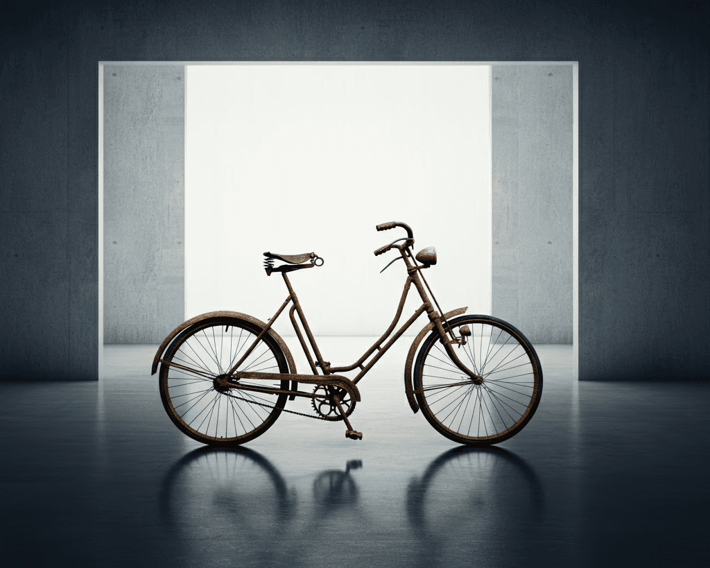 A vintage bicycle with rusted metal sits in a minimalist, concrete room. Lit from behind by a bright square light, the scene feels serene and timeless.