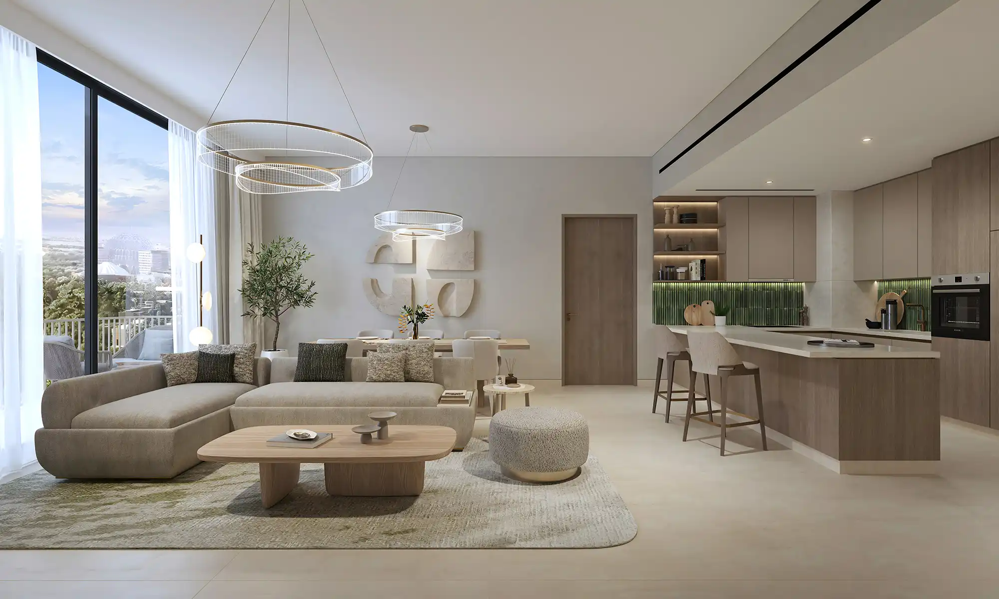  A modern living room featuring a kitchen and dining area, located in Dana Expo City.