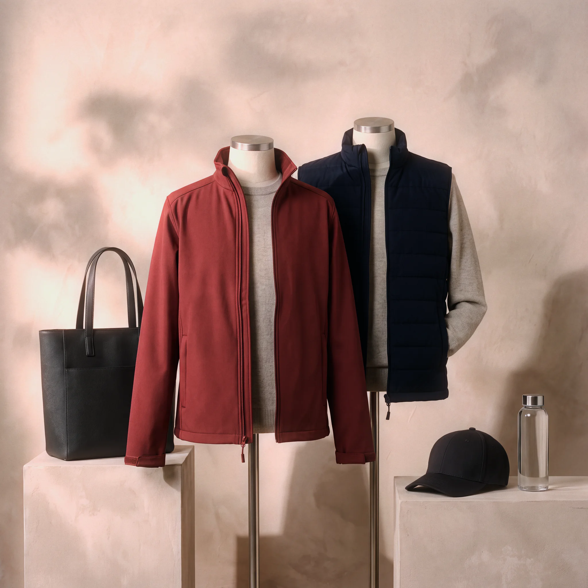 Corporate apparel collection with a red jacket, navy vest, tote bag, cap and metal water bottle.