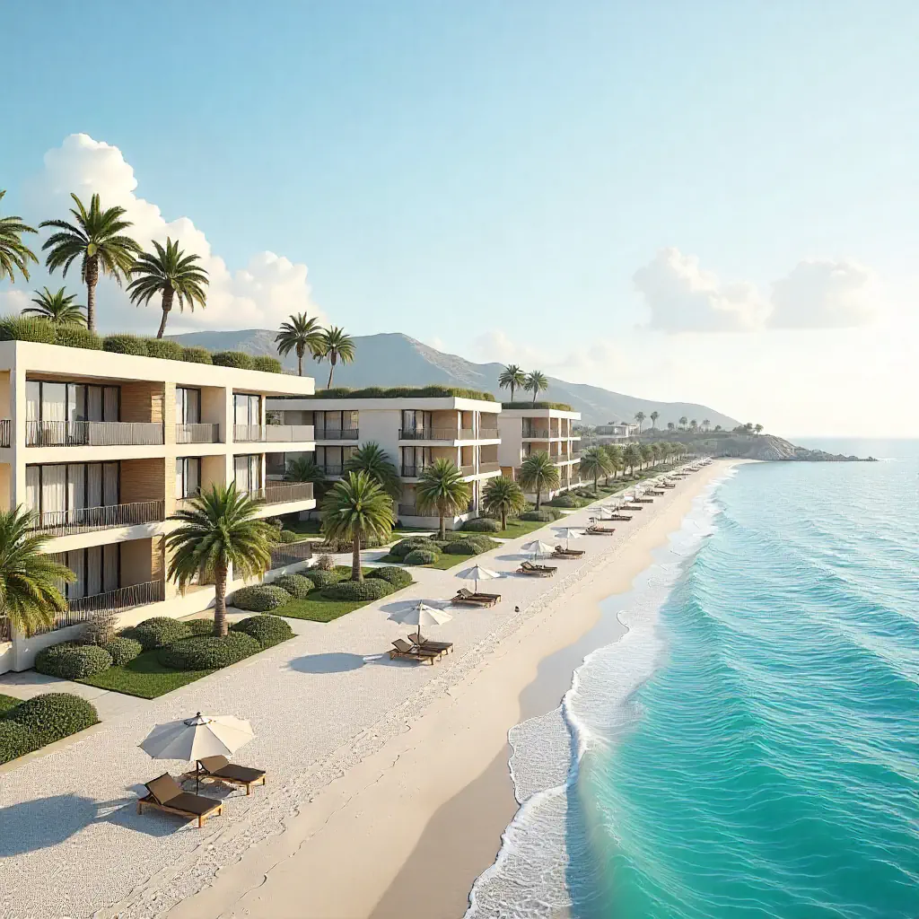 An aerial view of a modern beachfront resort with palm trees, lounge chairs, white sand, and turquoise water