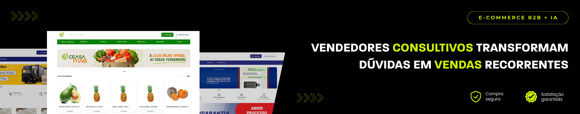 Banner horizontal com fundo escuro, ícones de segurança e satisfação, e imagens de lojas B2B exibidas à esquerda. Elementos gráficos em verde destacam o tema de e-commerce B2B com IA.