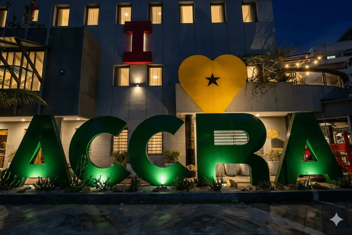 Dimly lit I LOVE ACCRA sign