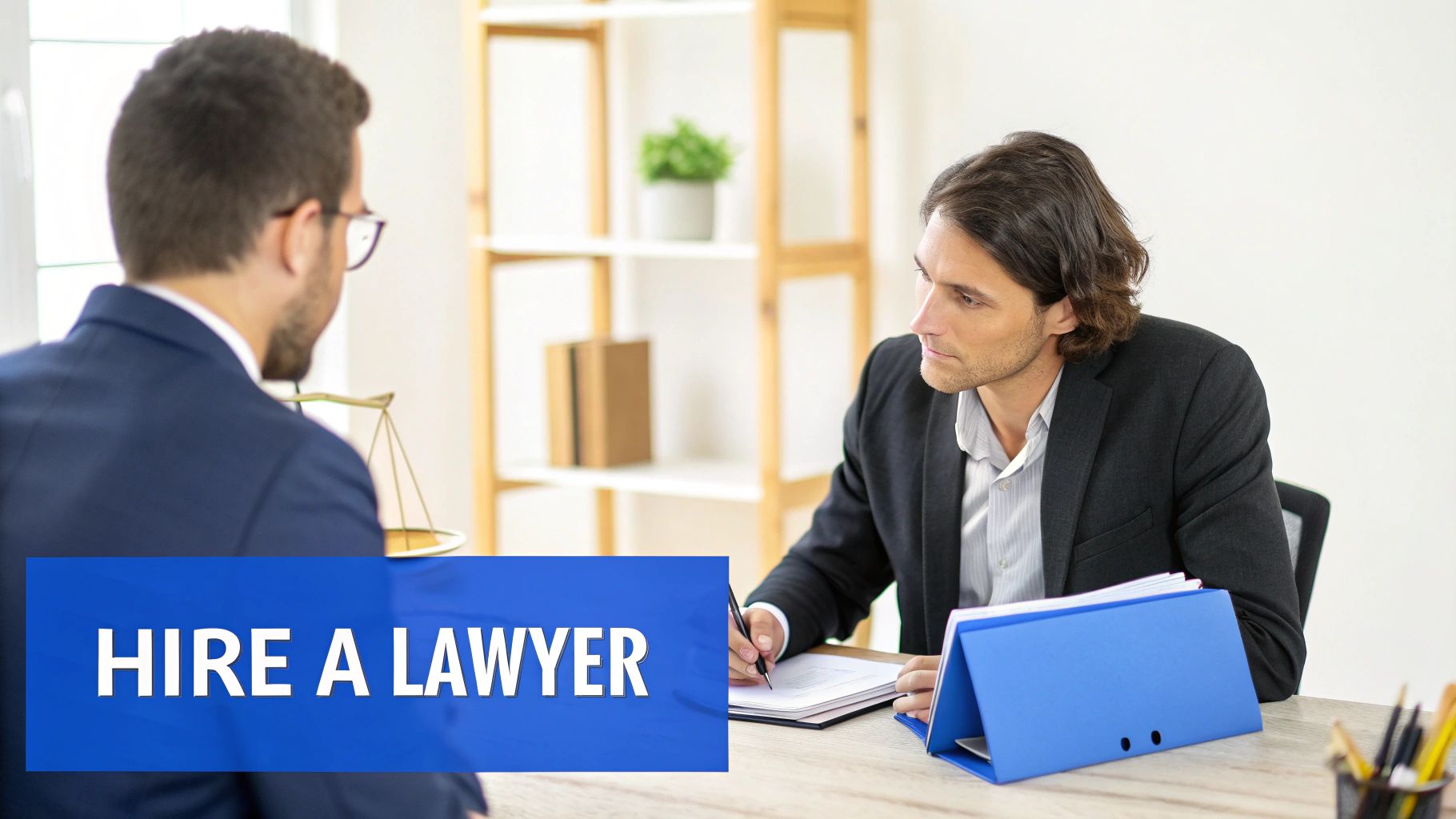 Two men, one a lawyer, consult at a desk with a scale of justice, displaying 'HIRE A LAWYER'.