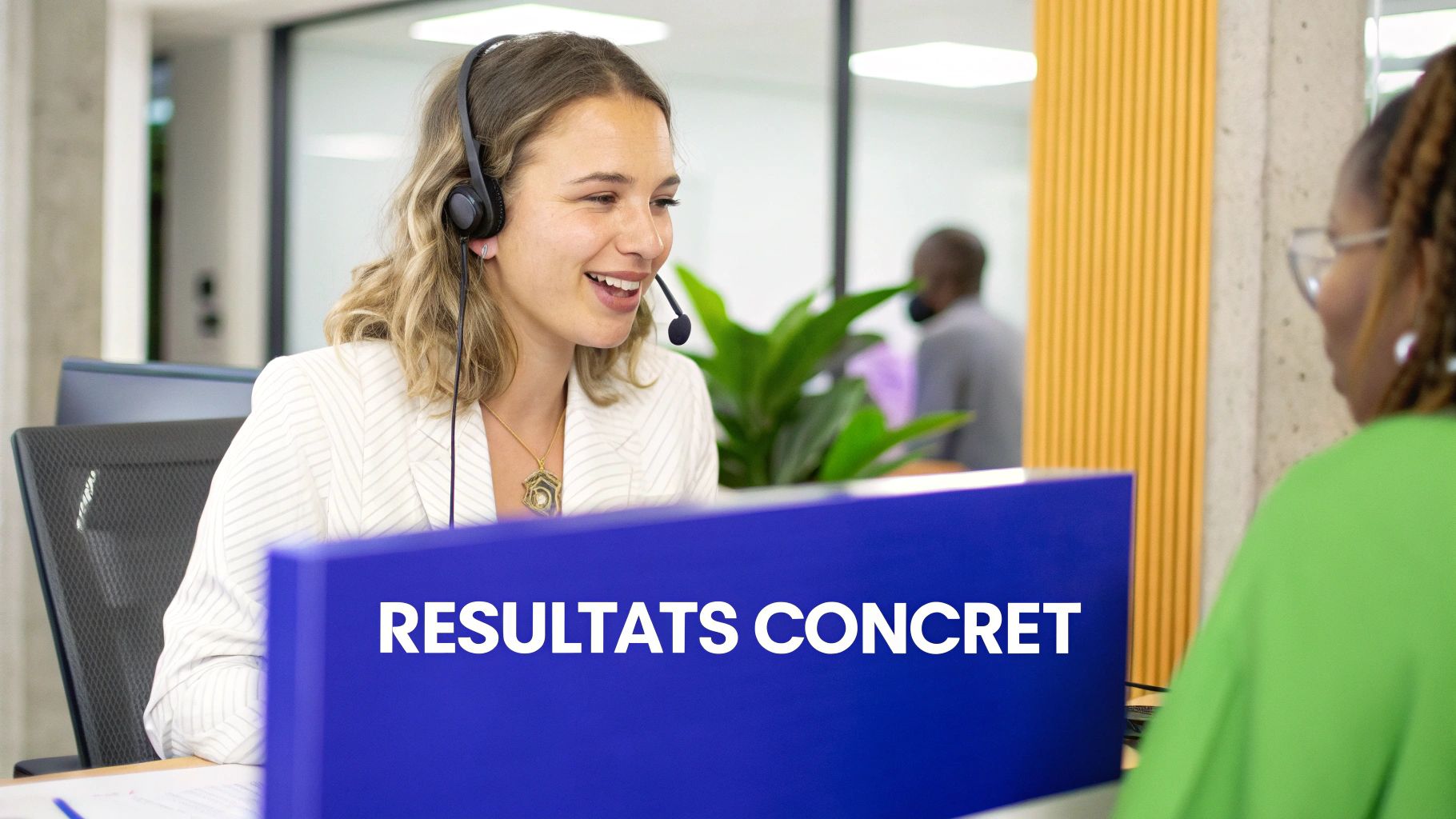 Femme souriante portant un casque, offrant un service client, avec l'inscription 