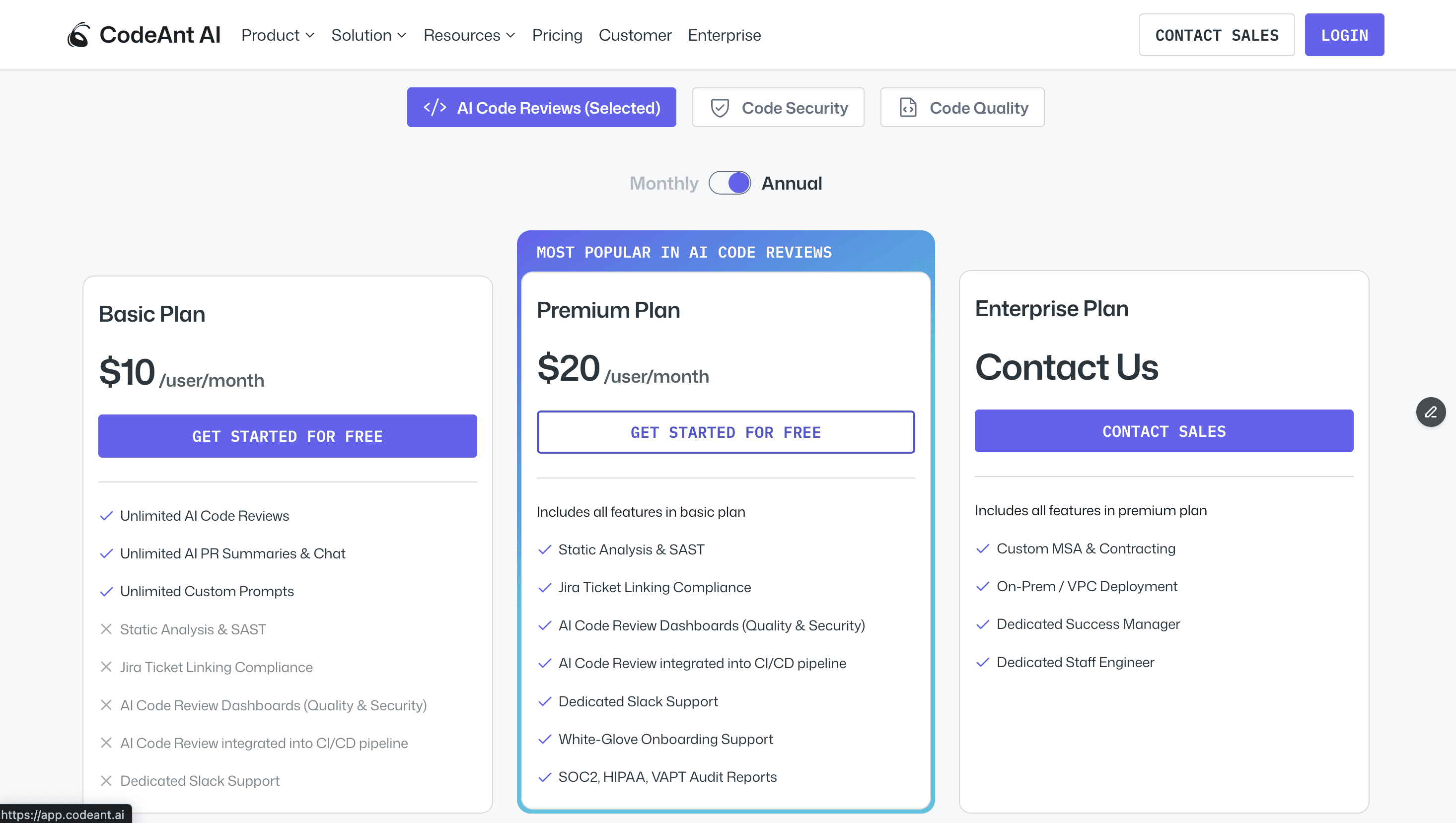 codeant.ai code review pricing page.