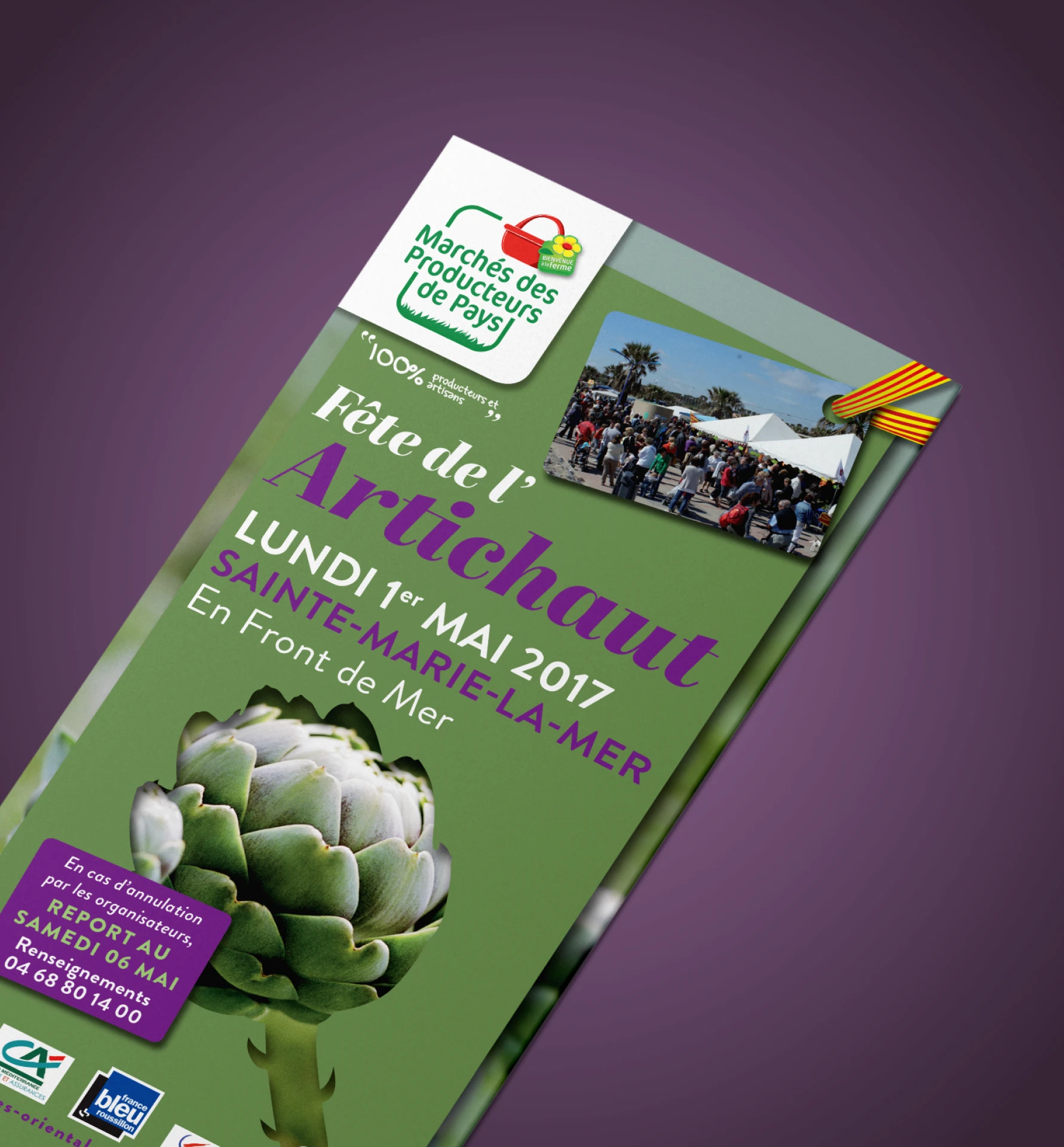 Mockup dépliant recto verso de la Fête de l'Artichaut à Sainte-Marie-la-Mer — flyer événementiel Marchés des Producteurs de Pays conçu par Tartelette Concept, graphiste freelance