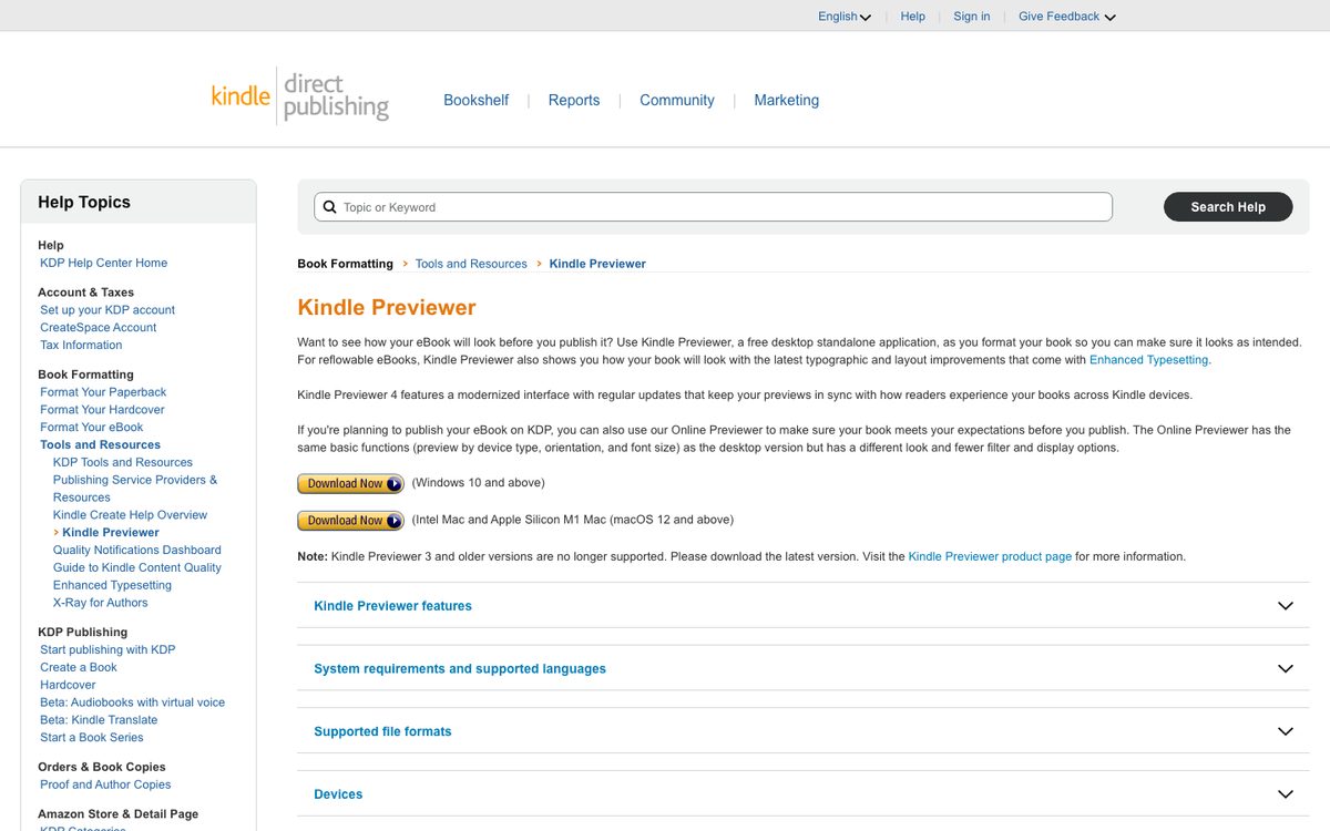 KDP’s Kindle Previewer page, with download buttons for Windows and Mac