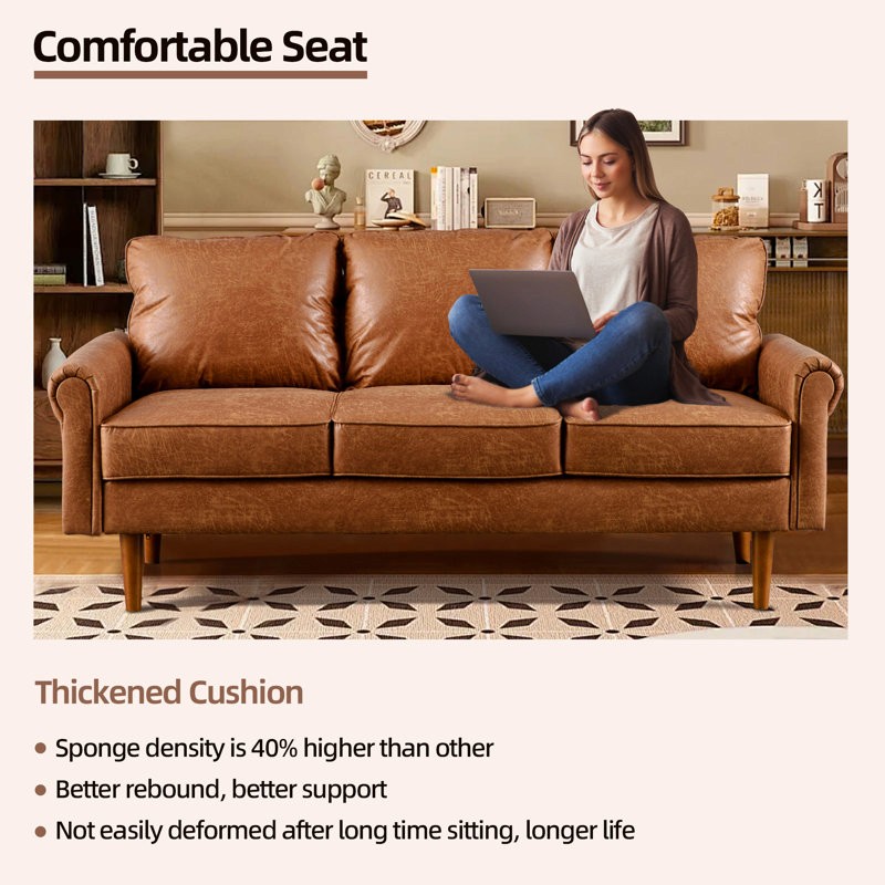 Comfortable brown leather sofa with durable upholstery and deep seating, offering style and relaxation for family gatherings.