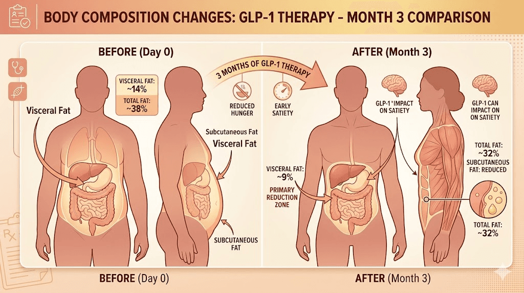 GLP-1 before and after body composition comparison at month 3 showing visceral fat reduction 