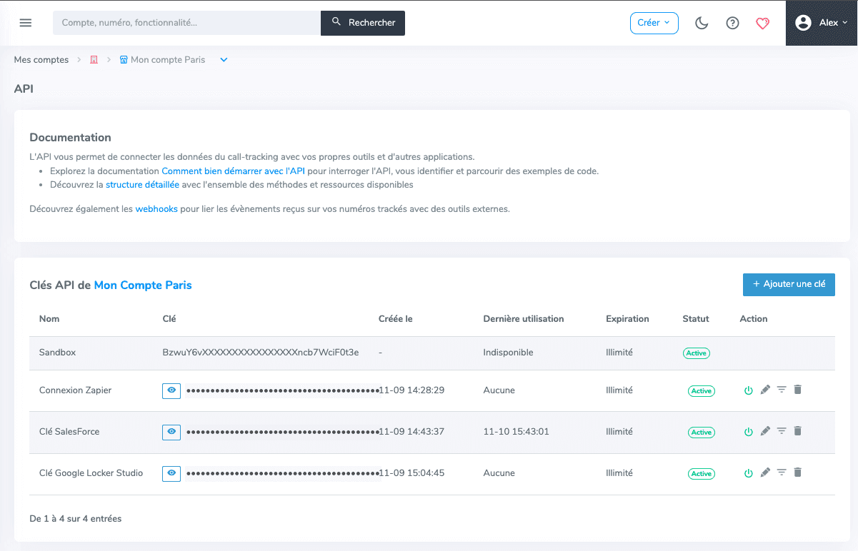 Interface Clé API Magnétis