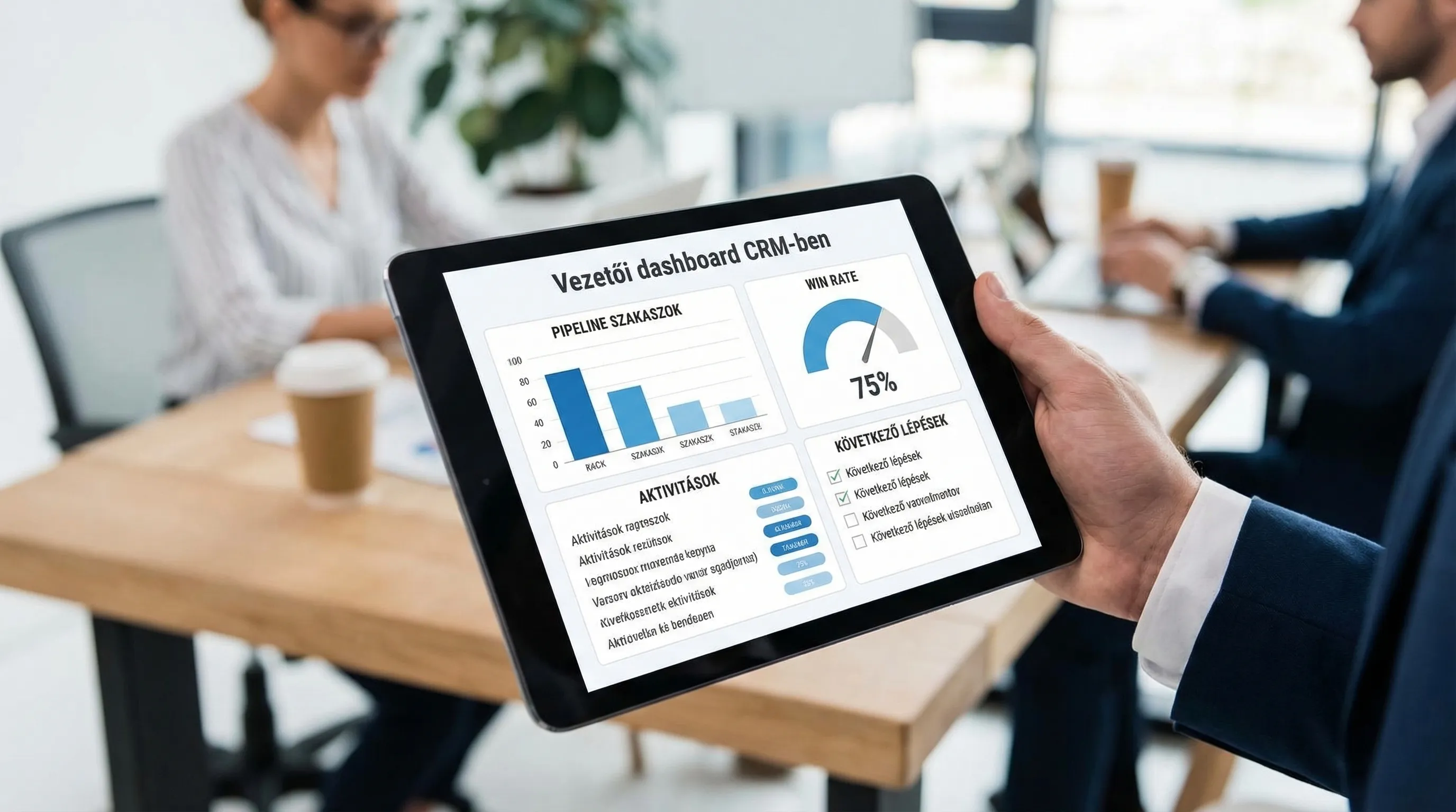 Vezetői dashboard CRM-ben: pipeline szakaszok, win rate, aktivitások és következő lépések áttekintése.