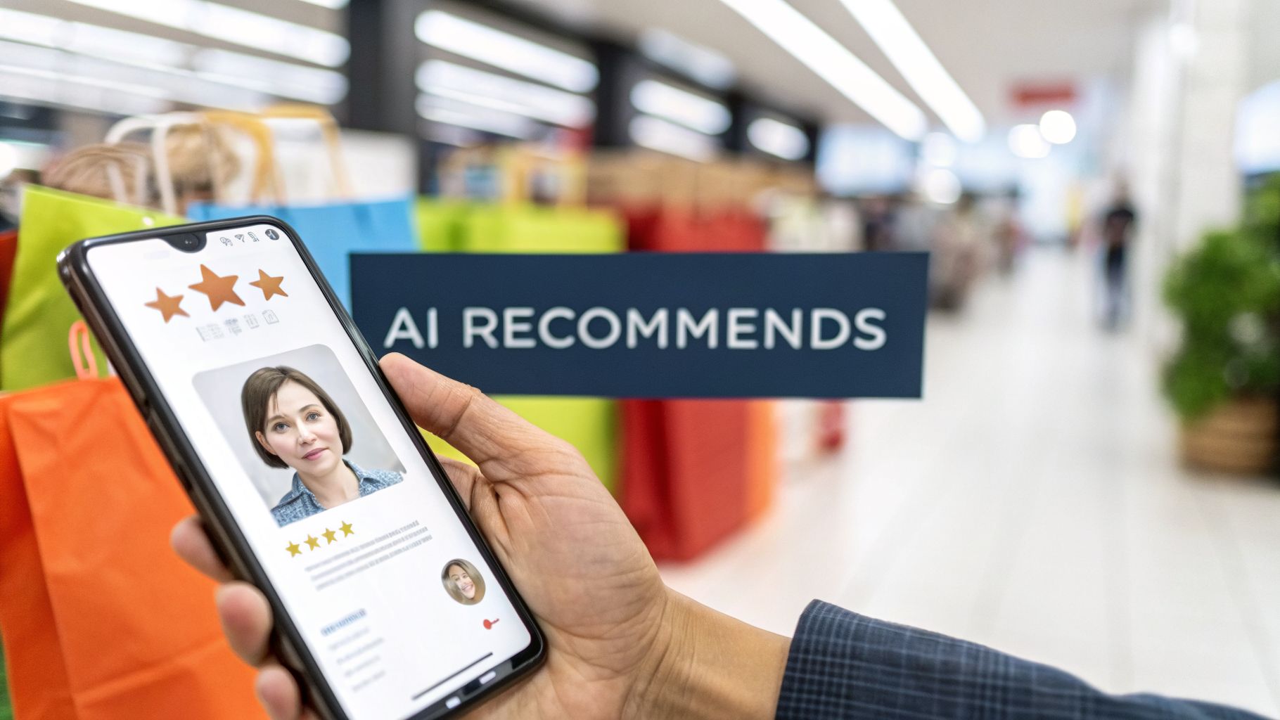 Hand holding smartphone with AI recommendations, showing a woman's profile, review stars, and shopping bags.
