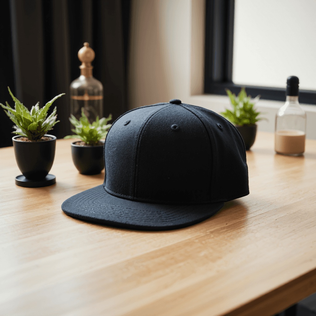product photography of black snapback cap