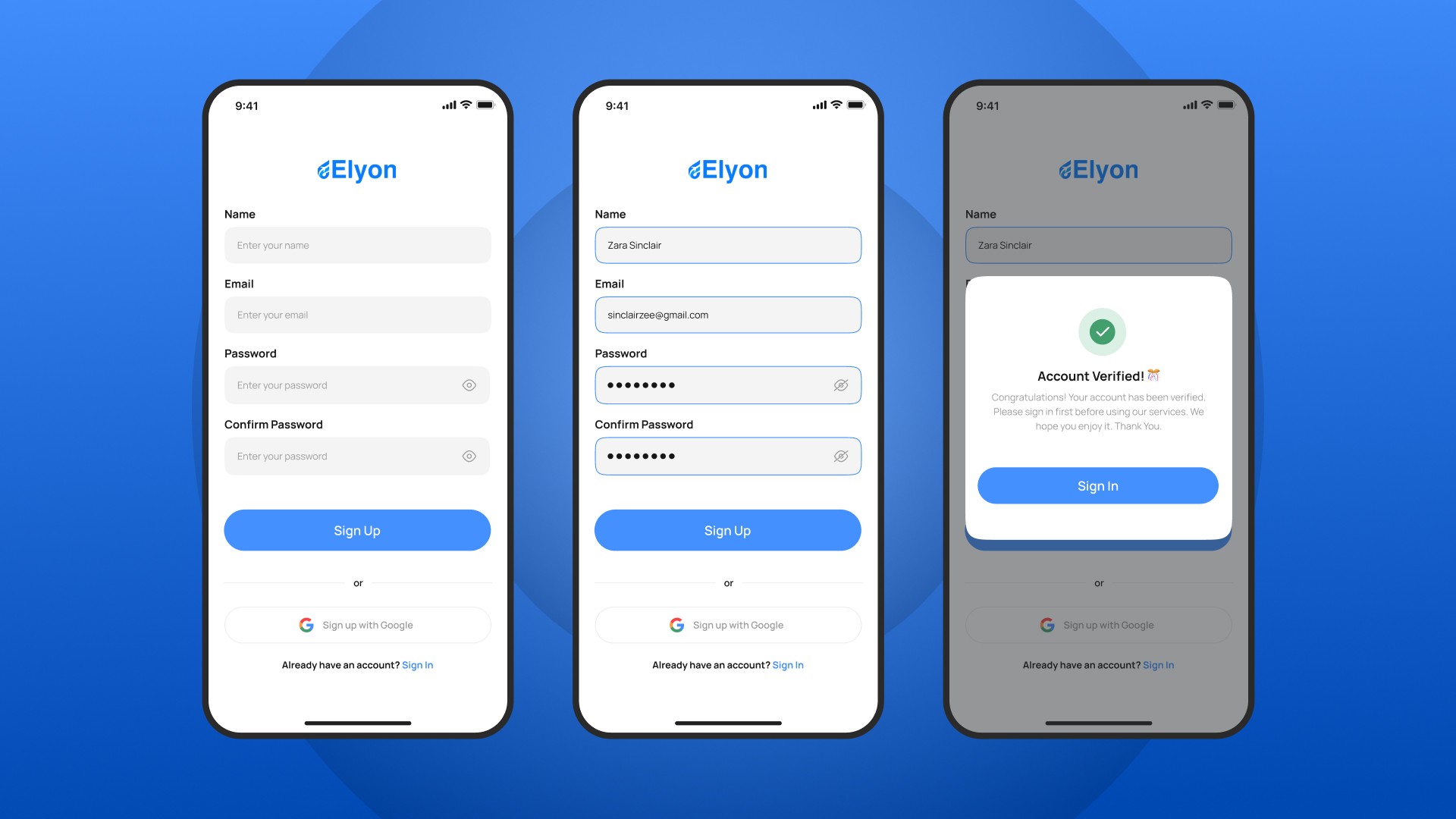 The registration flow prioritizes speed and security through a clean interface. By integrating Google authentication and clear validation steps, the UI reduces friction during account creation.