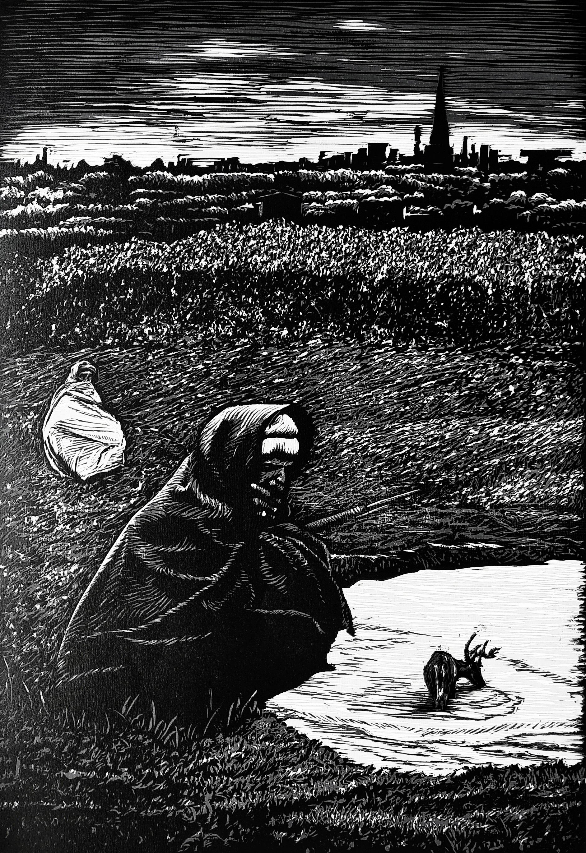 herd of sheep on road painting