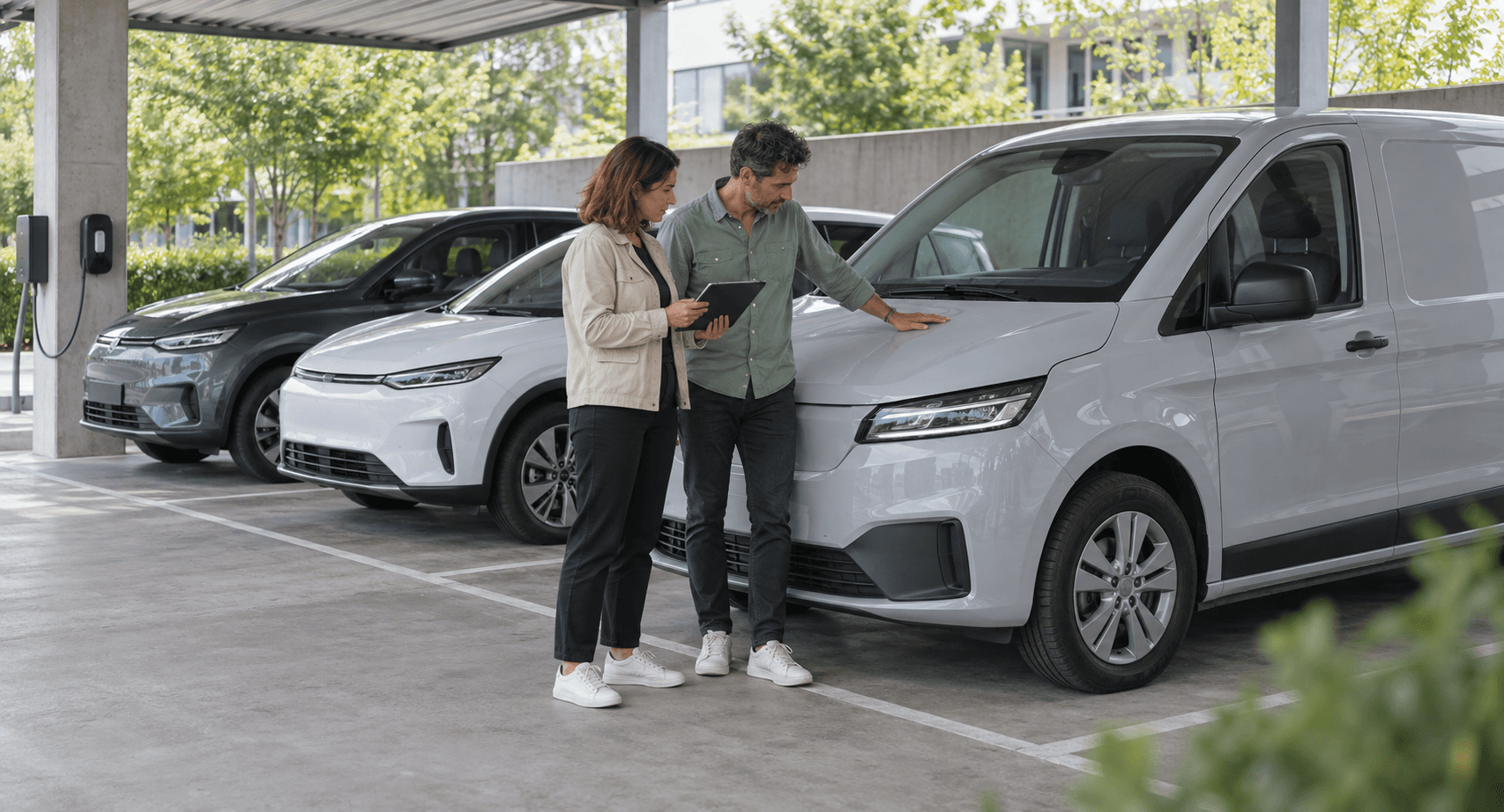 Zwei Mitarbeitende prüfen mit einem Tablet ein Fahrzeug im überdachten Firmenparkplatz.