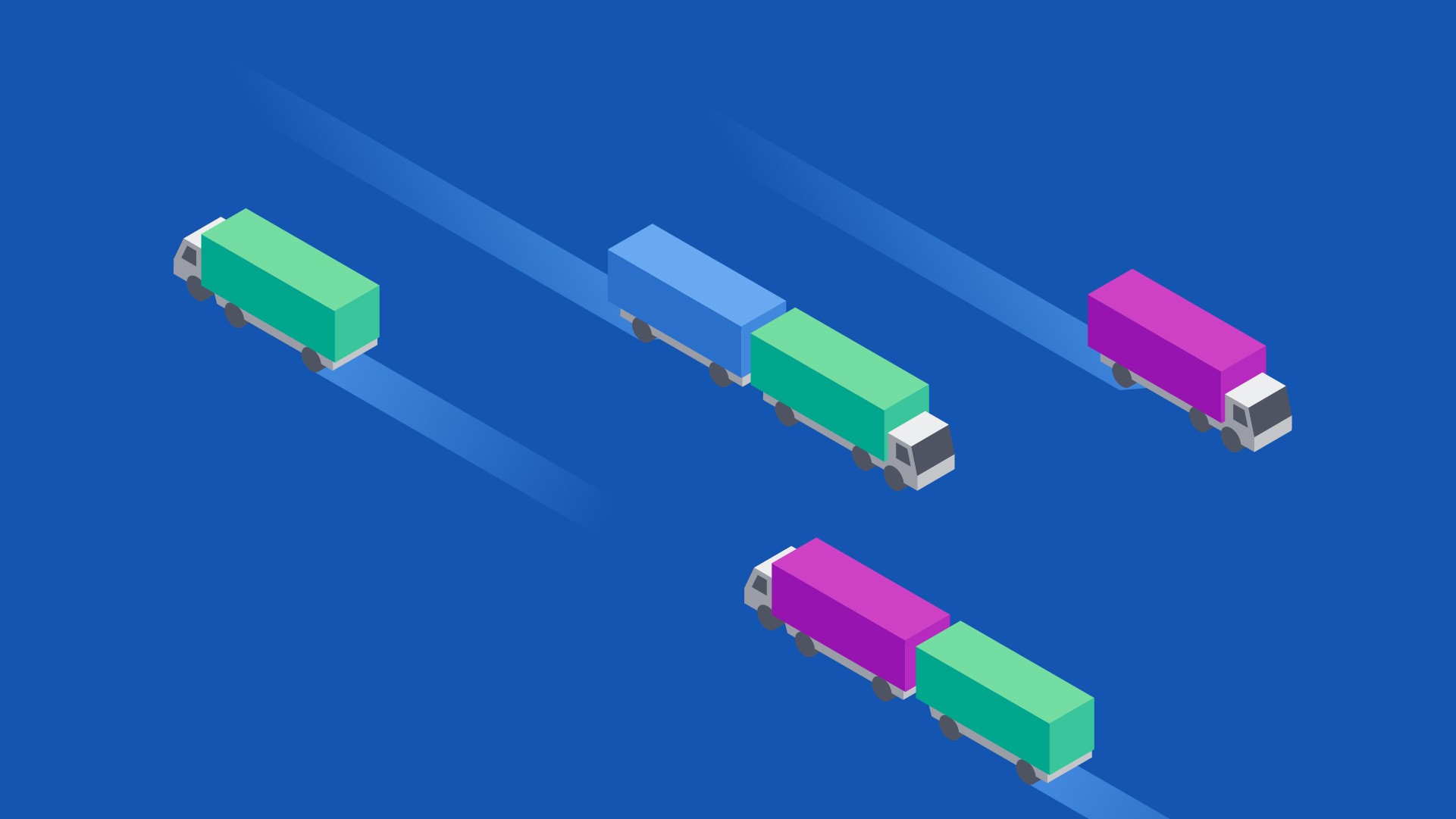 Simple isometric illustration of a 4 logistic trucks.