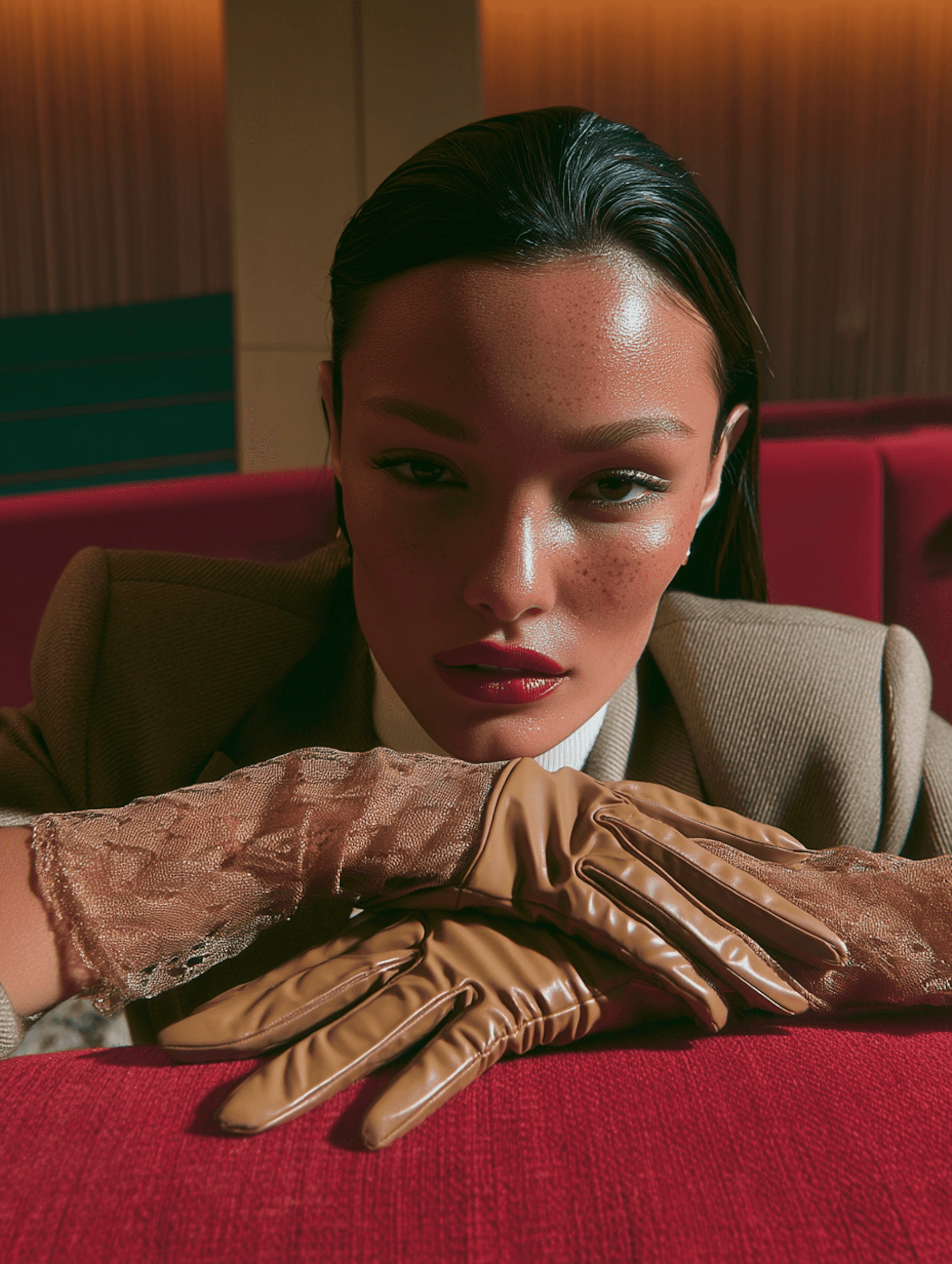 Close-up of a person with sleek hair, freckles, and gloves, leaning on a red surface in a warmly lit interior.