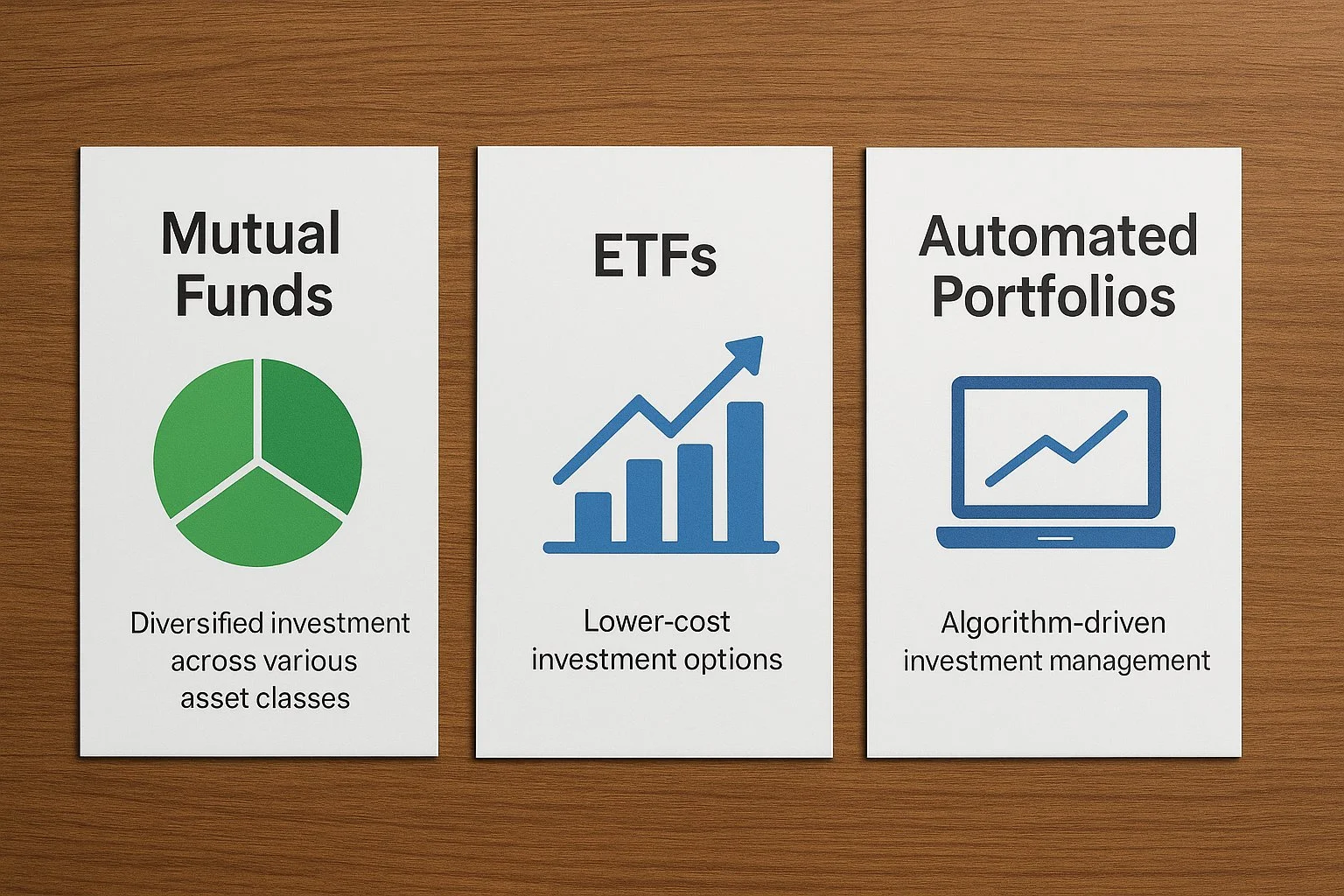 Desk with investment brochures showing mutual funds, ETFs, and automated portfolio options arranged in a simple layout.