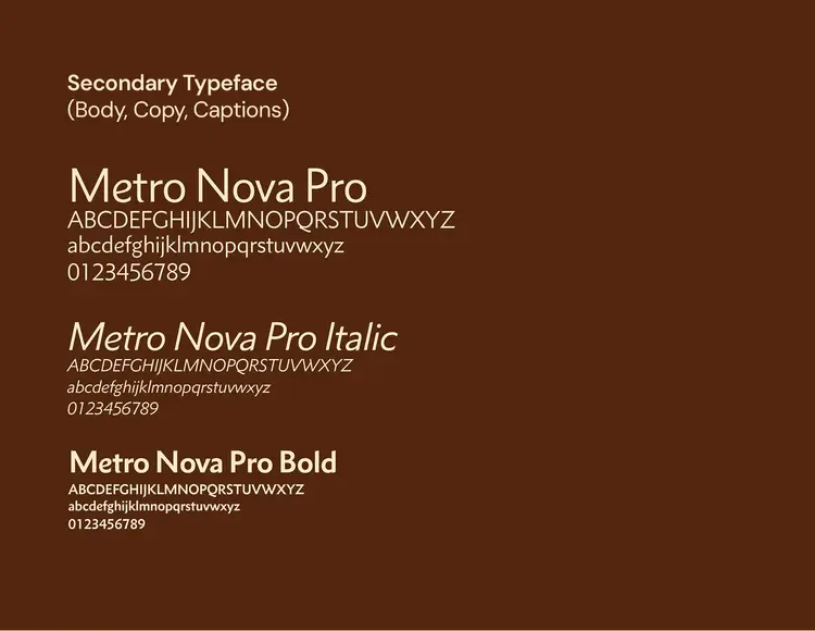 Metro Nova Pro secondary typeface specimen — Regular, Italic, and Bold weights
