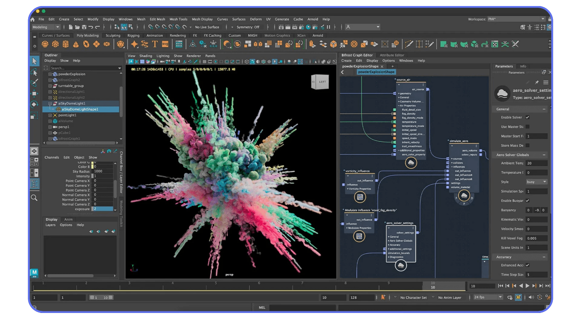 Autodesk Maya workspace featuring a colorful particle explosion simulation with connected node graph setup.