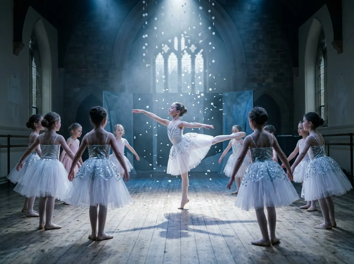 Young dancers in white snowflake tutus on stage under blue light and falling snow