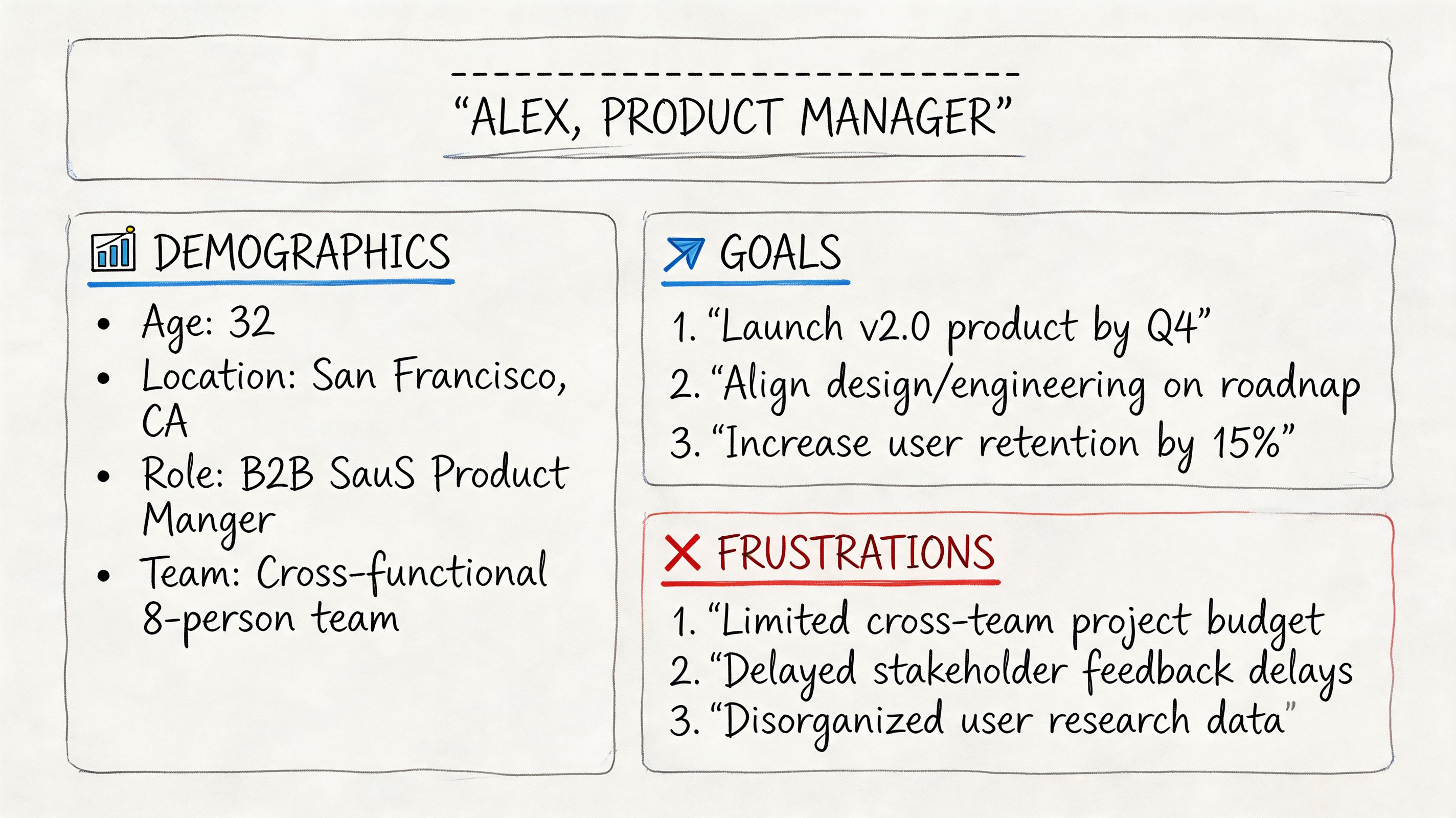 A hand-drawn style user persona template profile for Alex, a B2B SaaS Product Manager in San Francisco.