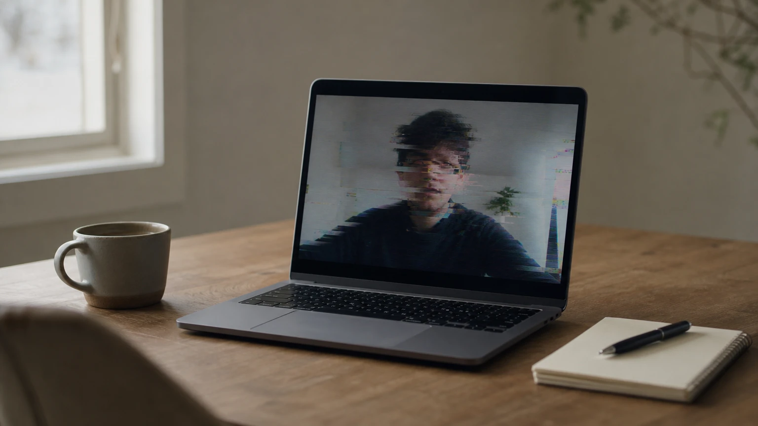 A laptop displaying a video call with a subtly distorted face on screen.