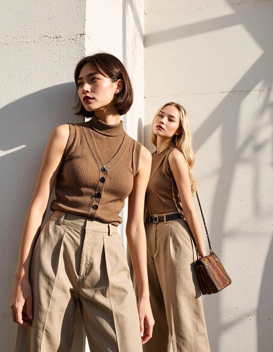 Two women in neutral brown knit tops and beige pants against white wall with dramatic natural lighting shadows