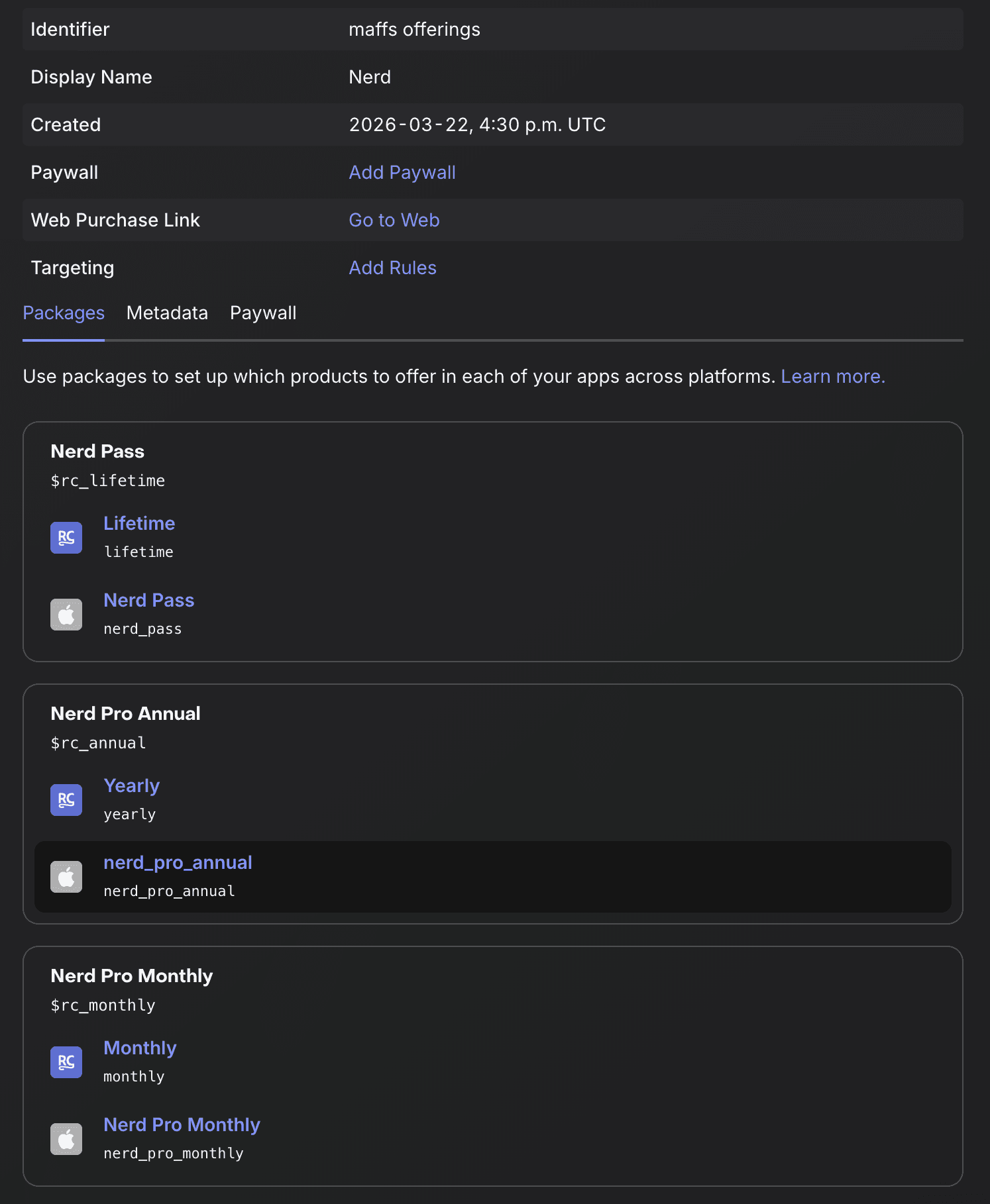 RevenueCat dashboard showing maffs offerings with Nerd Pass ($rc_lifetime), Nerd Pro Annual ($rc_annual), and Nerd Pro Monthly ($rc_monthly) packages