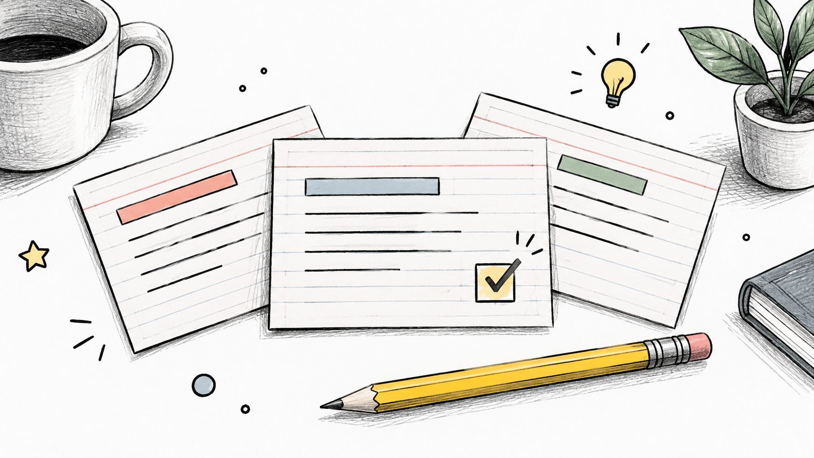 A sketched illustration of index cards on a desk with a coffee mug, pencil, and plant.