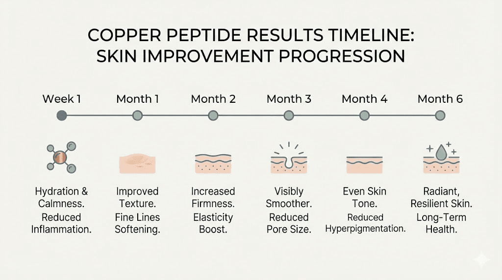 Copper peptide serum results timeline showing expected improvements over 6 months