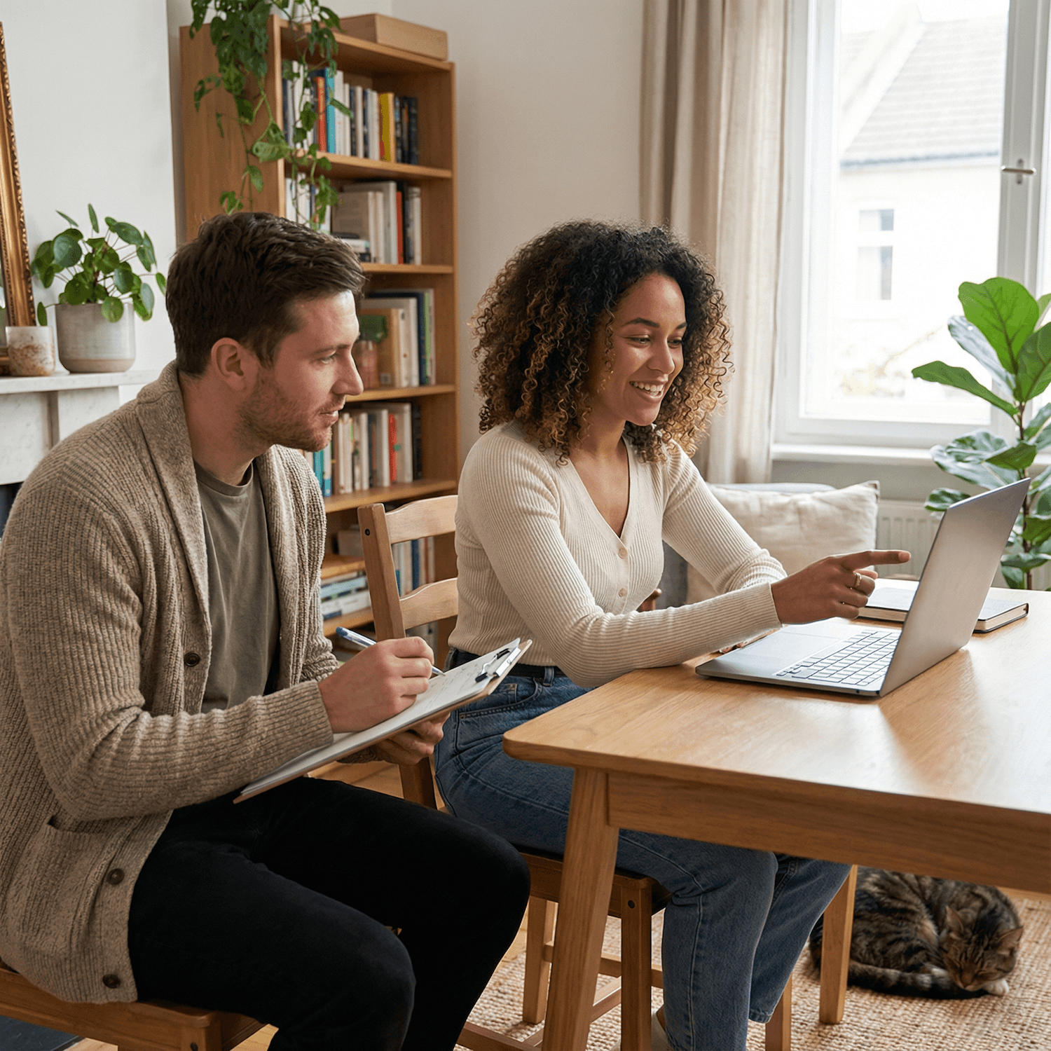 Zwei Personen sitzen an einem Holztisch, eine zeigt auf einen Laptop, die andere macht sich Notizen auf einem Klemmbrett