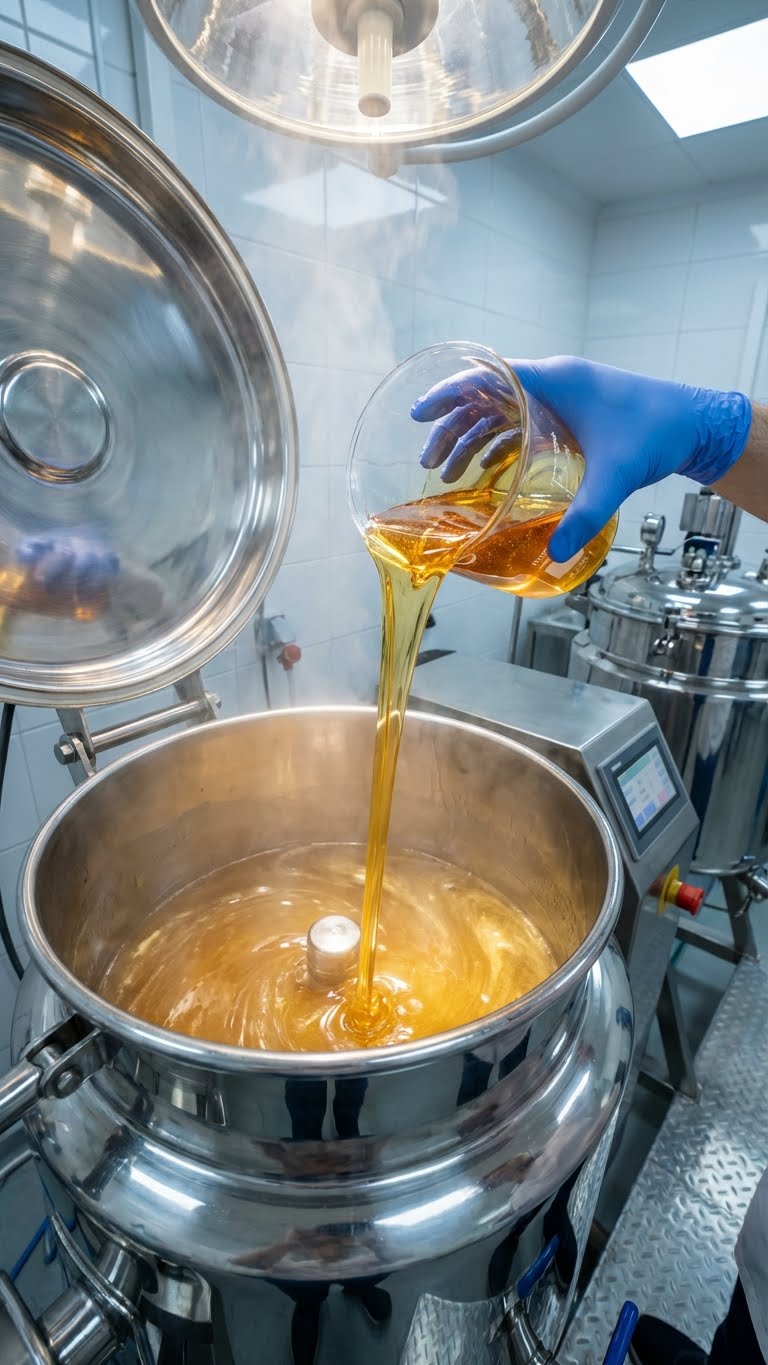Industrial cannabis manufacturing process showing golden distillate oil being poured into a stainless steel mixer for extraction processing.