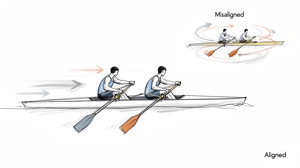 Two illustrations compare aligned versus misaligned rowing, showing efficient forward motion and wasted rotational energy.