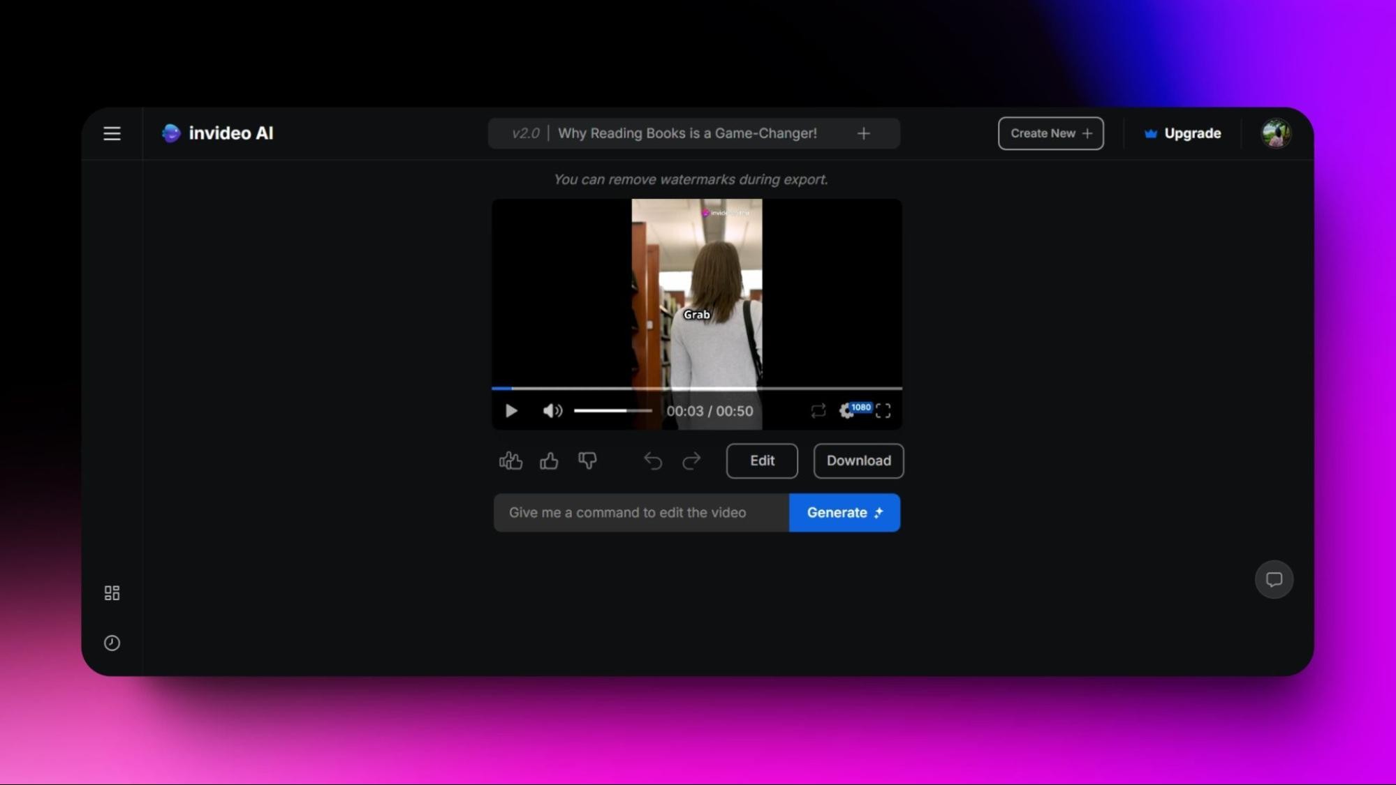 Screenshot of Invideo AI video editor, showing a short video clip with a person in a library, and options to generate, edit, or download the video.