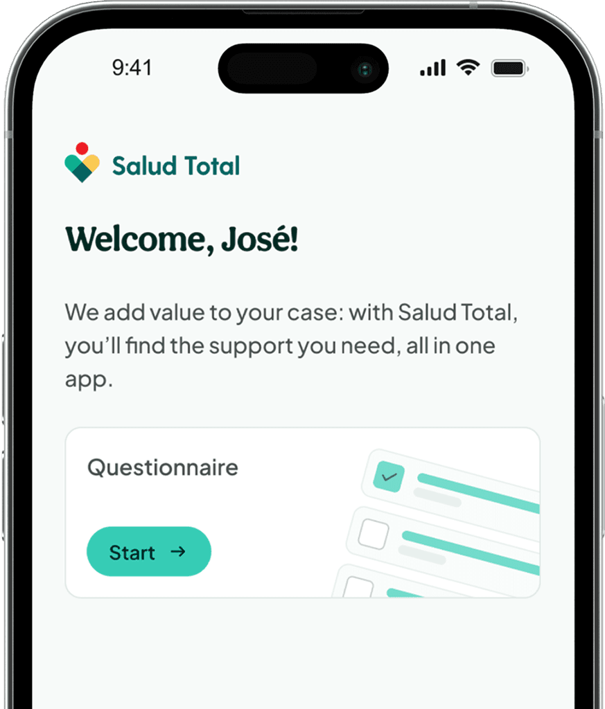 Mobile app welcome screen for 'Salud Total,' greeting the user and prompting them to 'Start' a 'Questionnaire.'