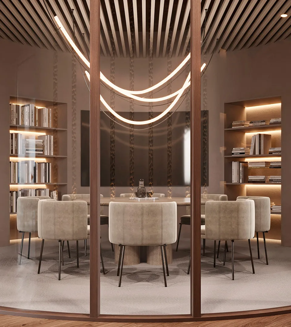 City Studio Zurich office meeting room detail with curved glass wall, upholstered chairs, and statement pendant lighting