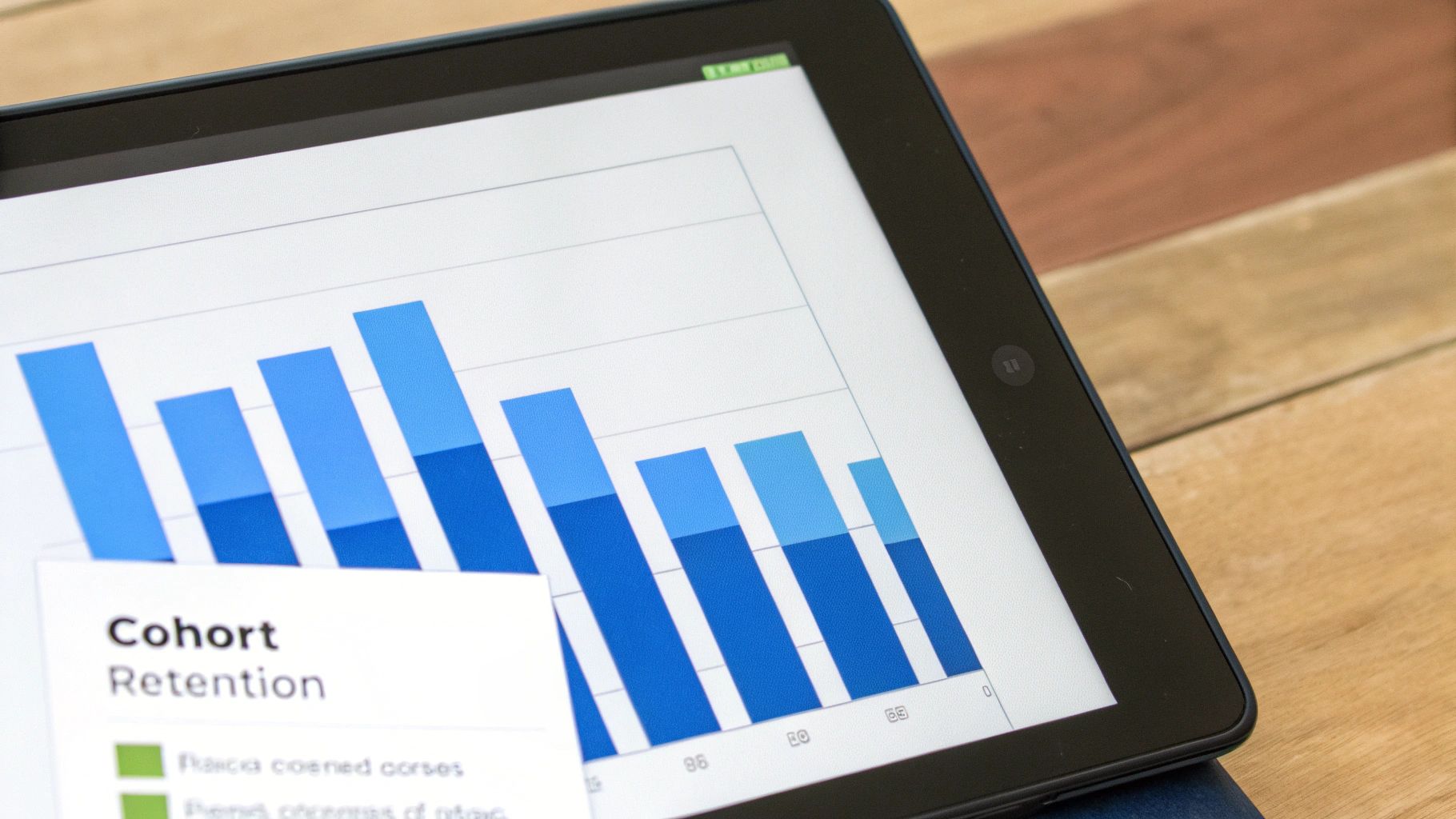A tablet screen with a stacked bar chart visualizing cohort retention data.