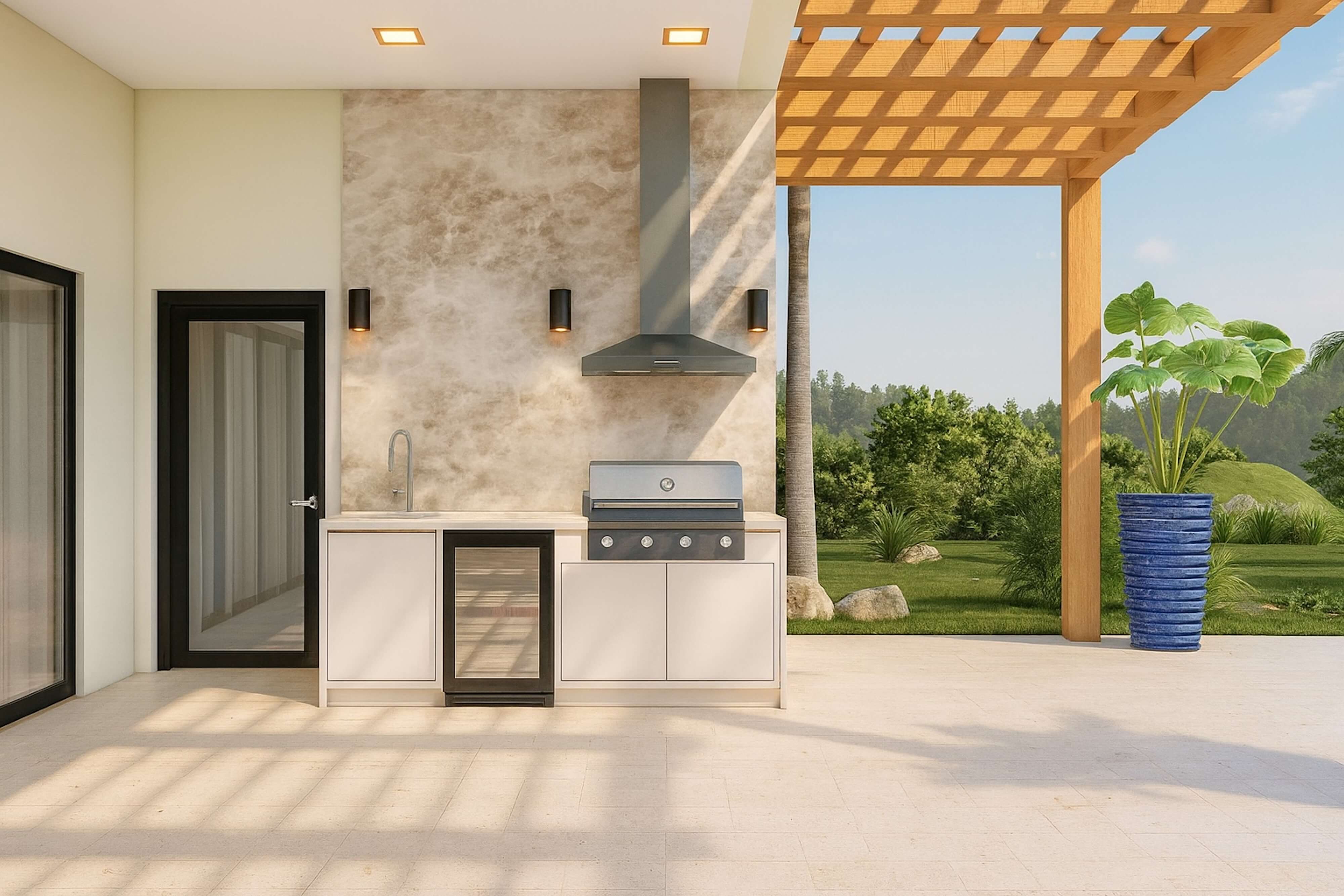 Modern luxury outdoor kitchen featuring sleek cabinetry, built-in grill, and natural stone backsplash under a wood pergola — a Boca interior designer’s approach to refined outdoor living.