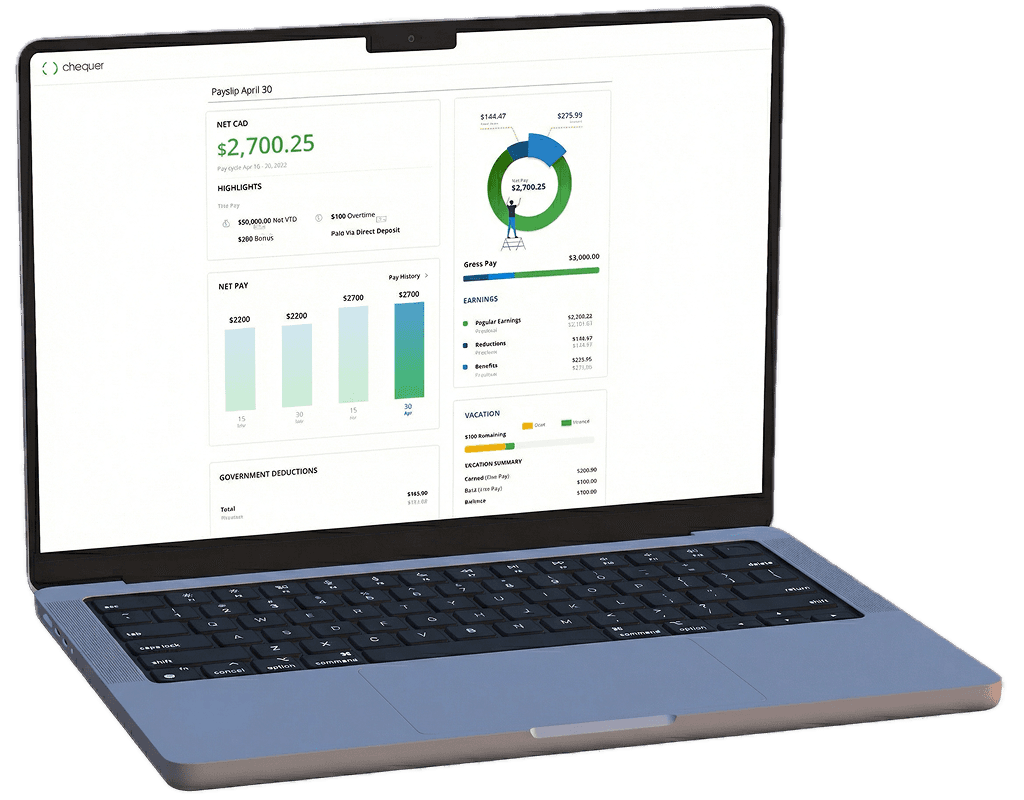PayChequer desktop dashboard displaying comprehensive payroll analytics with net pay trends, deduction breakdowns, and government contribution tracking