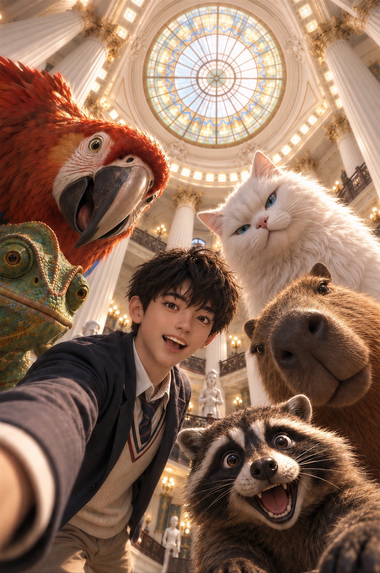 Selfie Boy 與巨大動物夥伴在博物館自拍